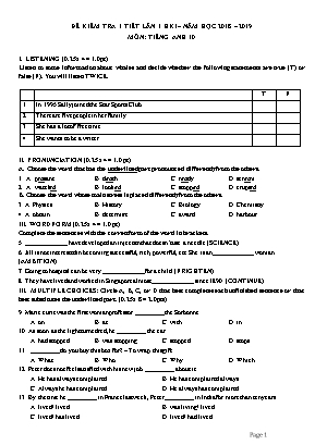 Đề kiểm tra 1 tiết lần 1 học kỳ I môn Tiếng Anh Lớp 10 - Năm học 2018-2019 (Có đáp án)